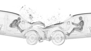 3d rendered illustration of two cars in a head on collision