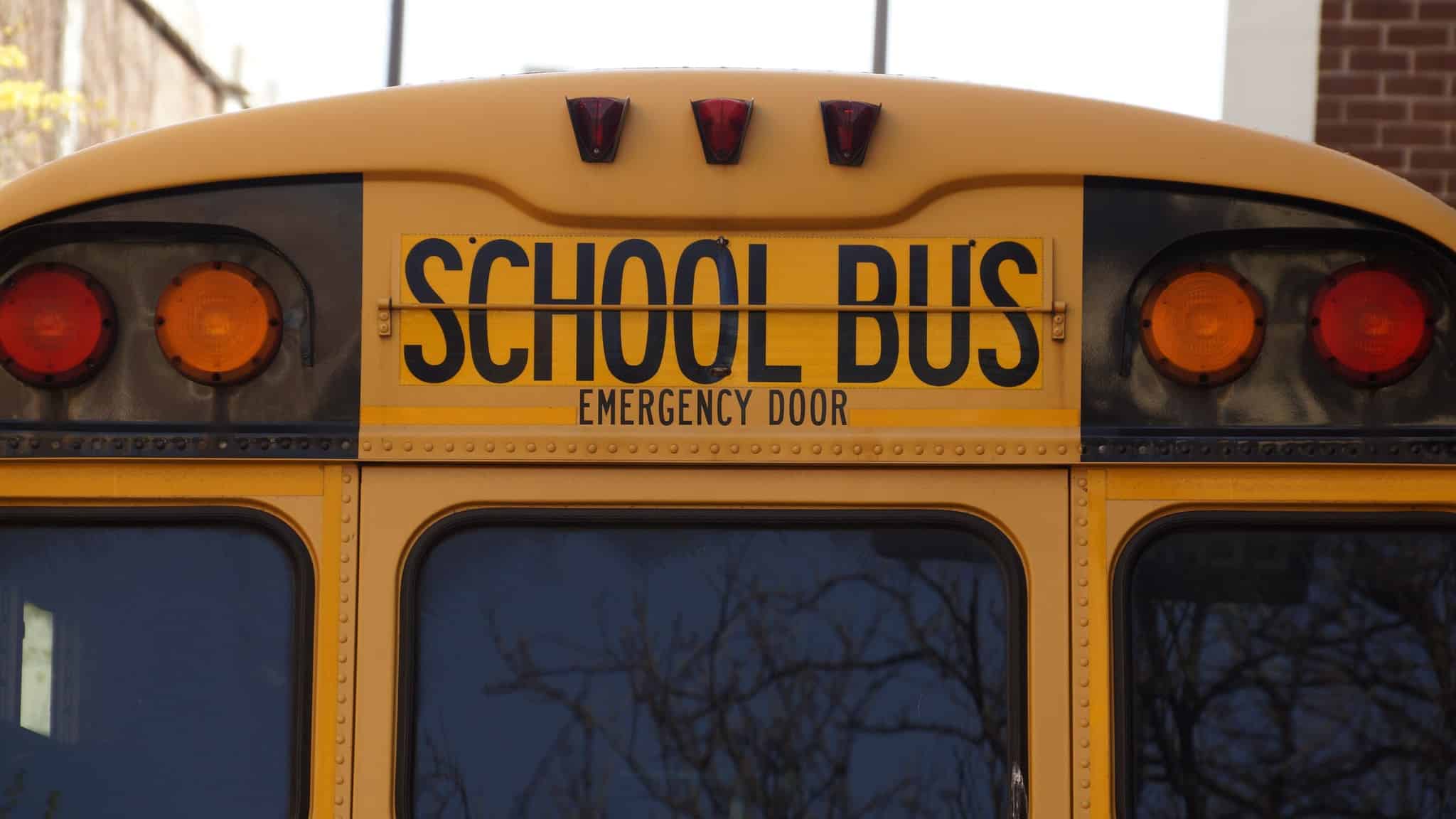 close up of the back of a school bus and emergency door